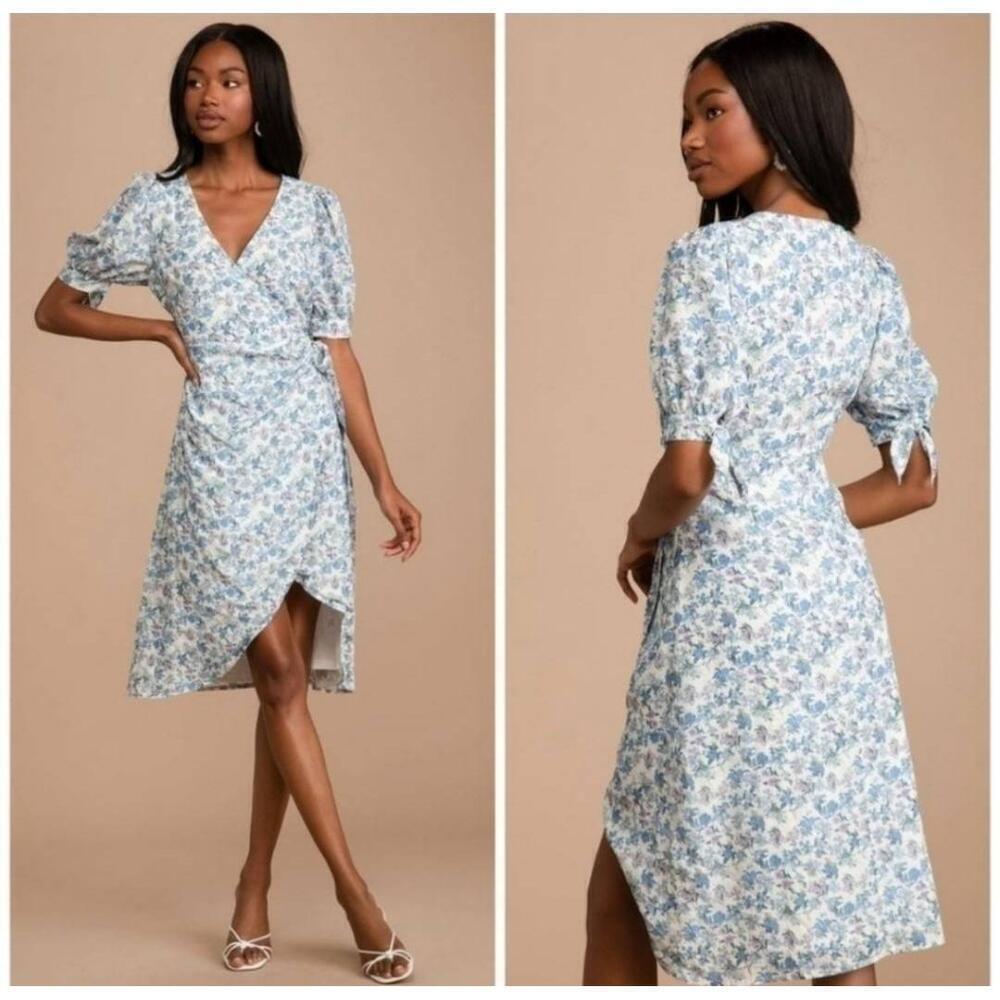 Lulus White Floral Print Puff Sleeve Faux-Wrap Dress Medium